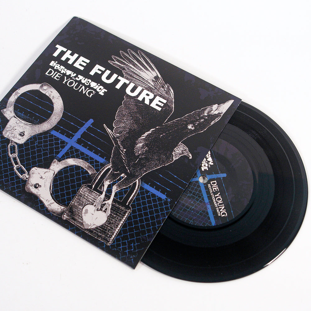 A Die Young vinyl record emerges from its sleeve, which features a black bird with a raised wing on a lock beside handcuffs, plus the text THE FUTURE, ABSOLUTE JUSTICE, and DIE YOUNG—capturing Texas DIY hardcore spirit.