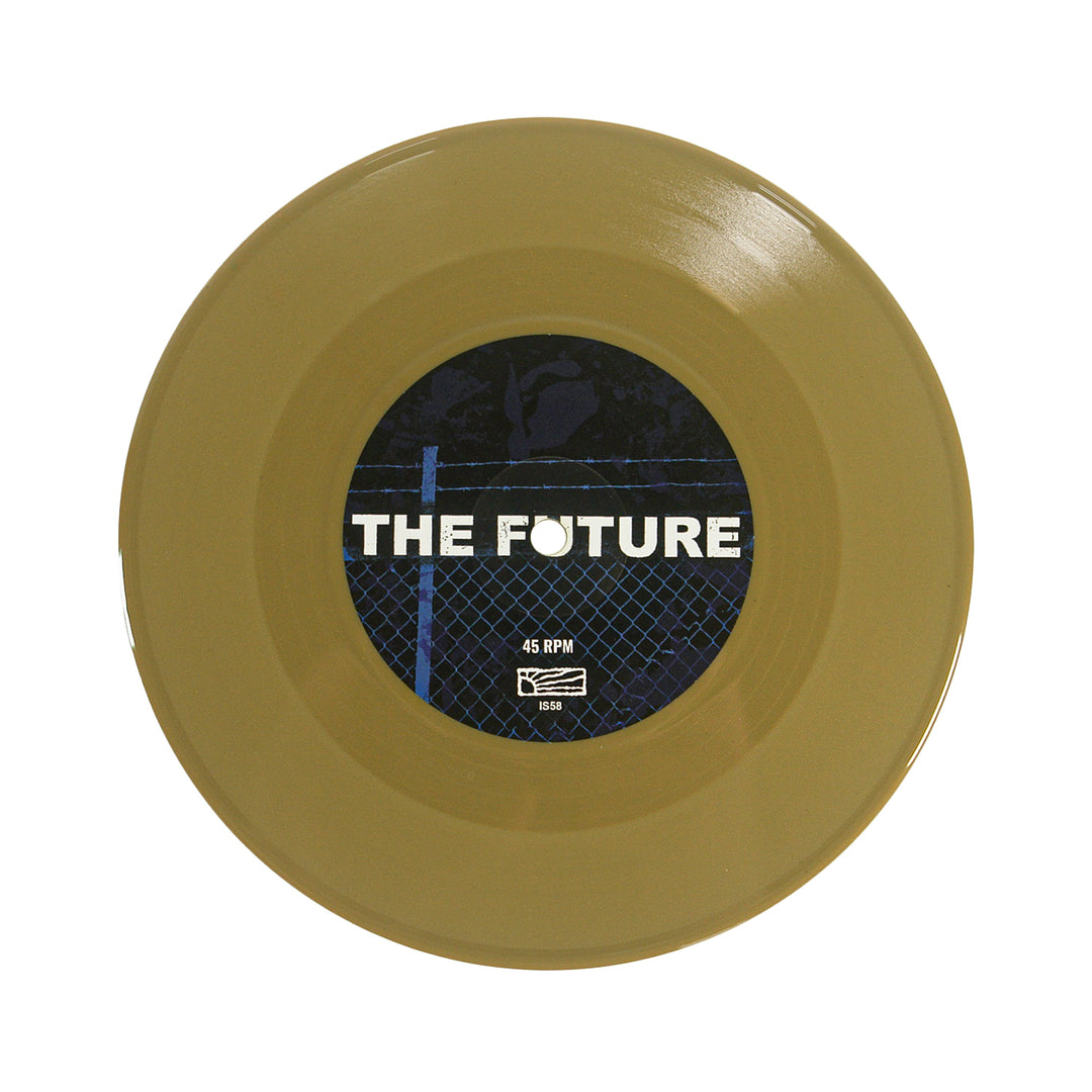 A gold vinyl record with a black center label reading THE FUTURE in white text, displayed on a white background—ideal for fans of Texas DIY and metallic hardcore from the band Die Young.
