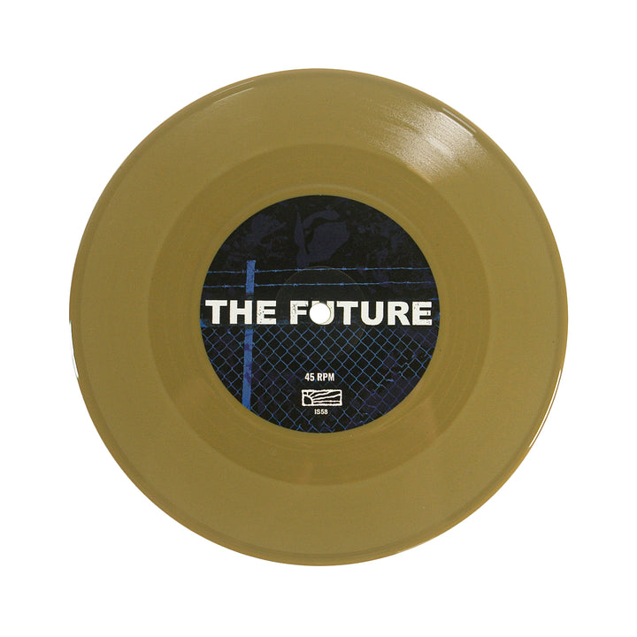 A gold vinyl record with a black center label reading THE FUTURE in white text, displayed on a white background—ideal for fans of Texas DIY and metallic hardcore from the band Die Young.