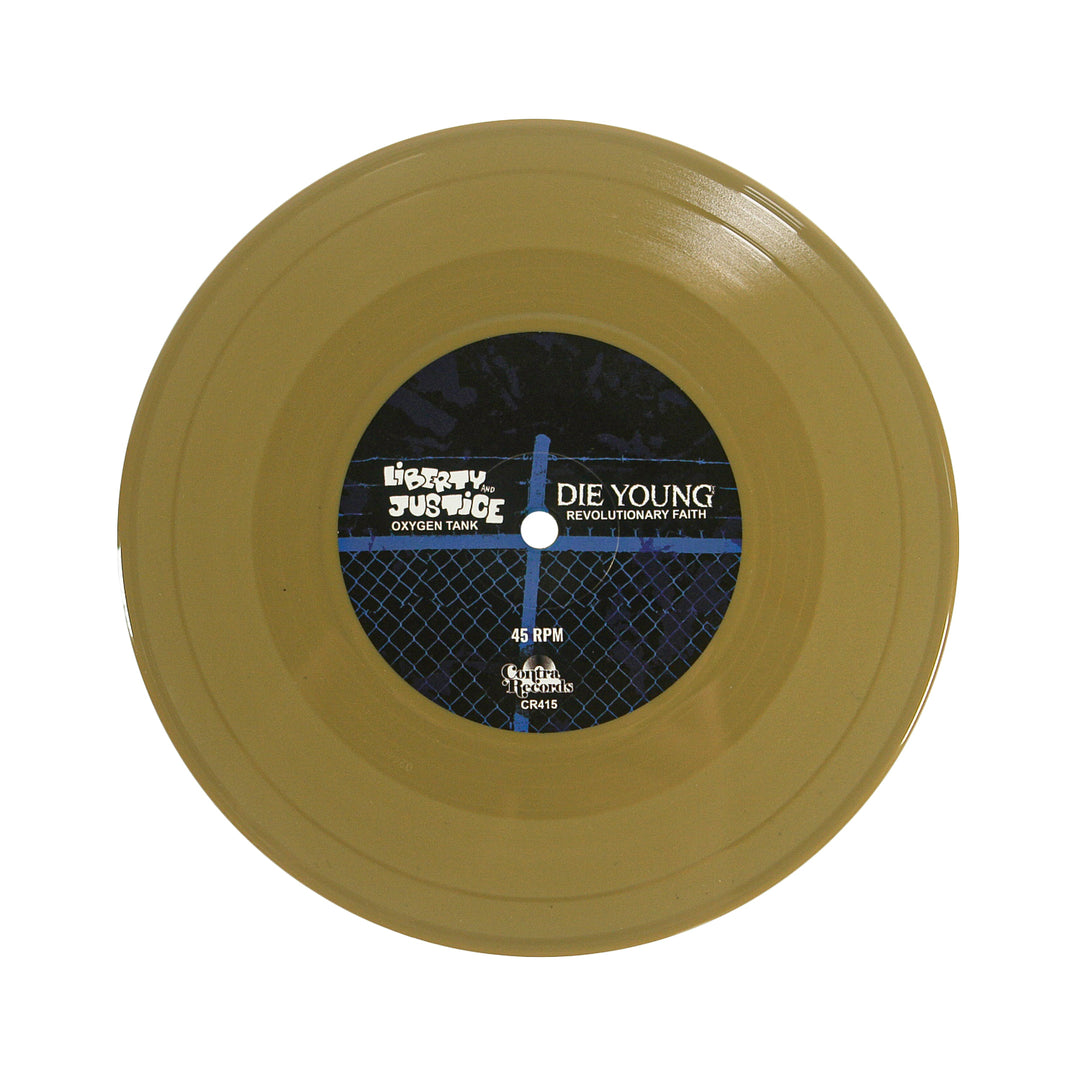 A gold-colored vinyl record by Die Young, featuring Texas DIY hardcore bands LIFETIME and DIE YOUNG with tracks "Oxygen Tank" and "Revolutionary Party." Black center label, displayed on a white background.
