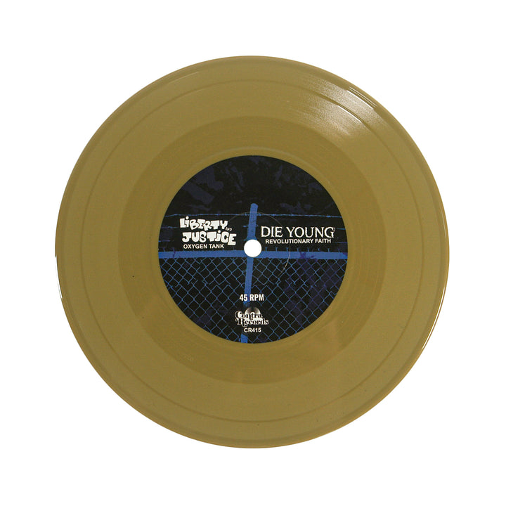 A gold-colored vinyl record by Die Young, featuring Texas DIY hardcore bands LIFETIME and DIE YOUNG with tracks "Oxygen Tank" and "Revolutionary Party." Black center label, displayed on a white background.