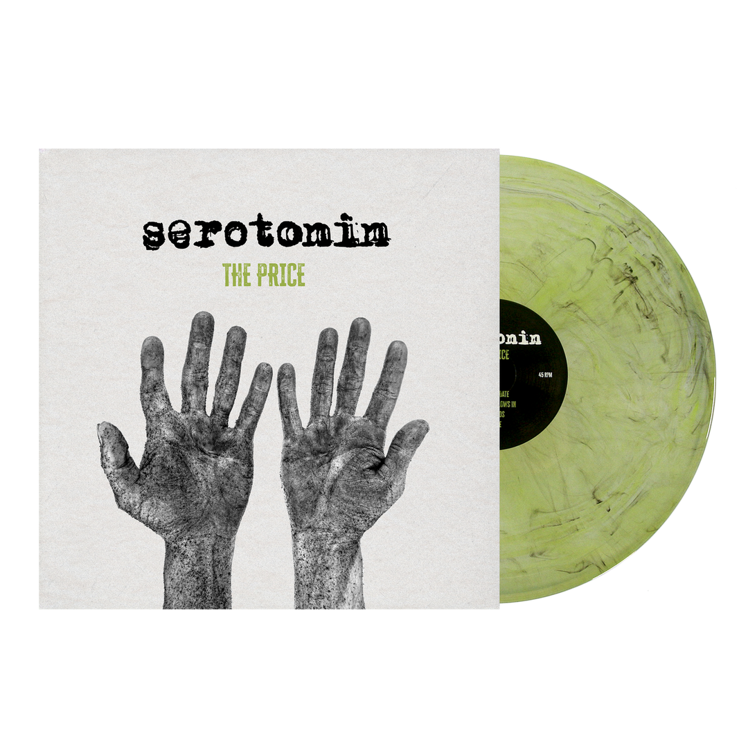 Album cover for the emo punk band Serotonin: The Price, featuring two outstretched, textured hands alongside a translucent, marbled light green vinyl record.