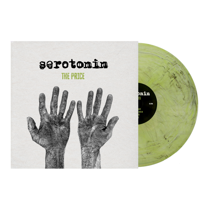 Album cover for the emo punk band Serotonin: The Price, featuring two outstretched, textured hands alongside a translucent, marbled light green vinyl record.