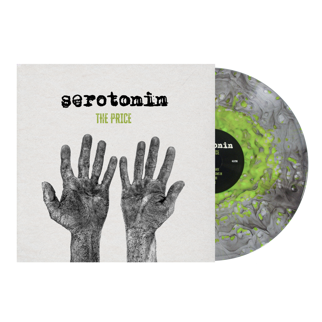 Album cover for the post-hardcore band Serotonin’s The Price, featuring two hands with a textured, gritty overlay beside a marbled black and neon green vinyl record.