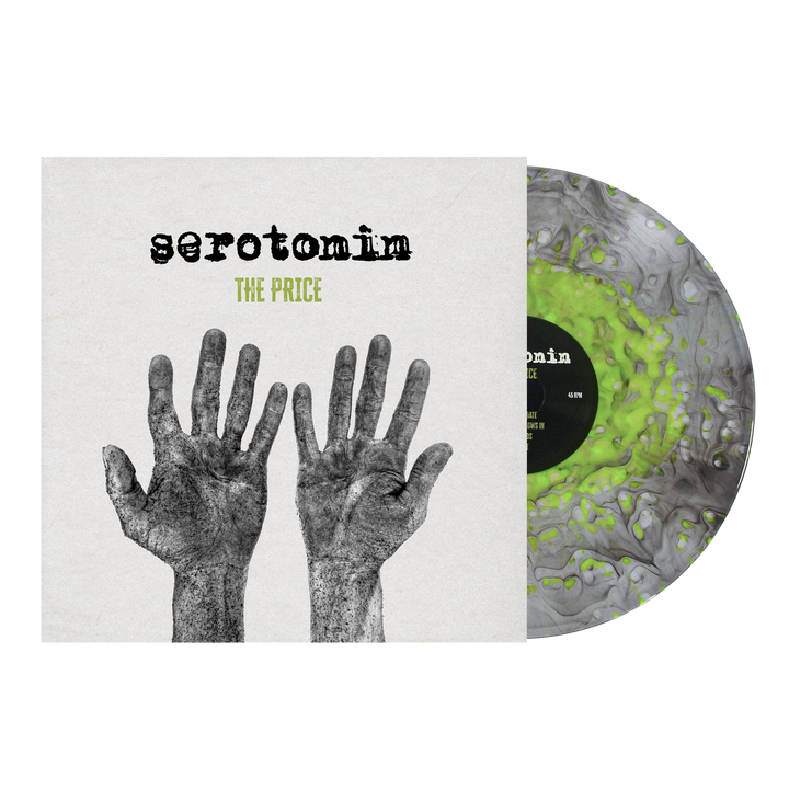 Album cover for the post-hardcore band Serotonin’s The Price, featuring two hands with a textured, gritty overlay beside a marbled black and neon green vinyl record.