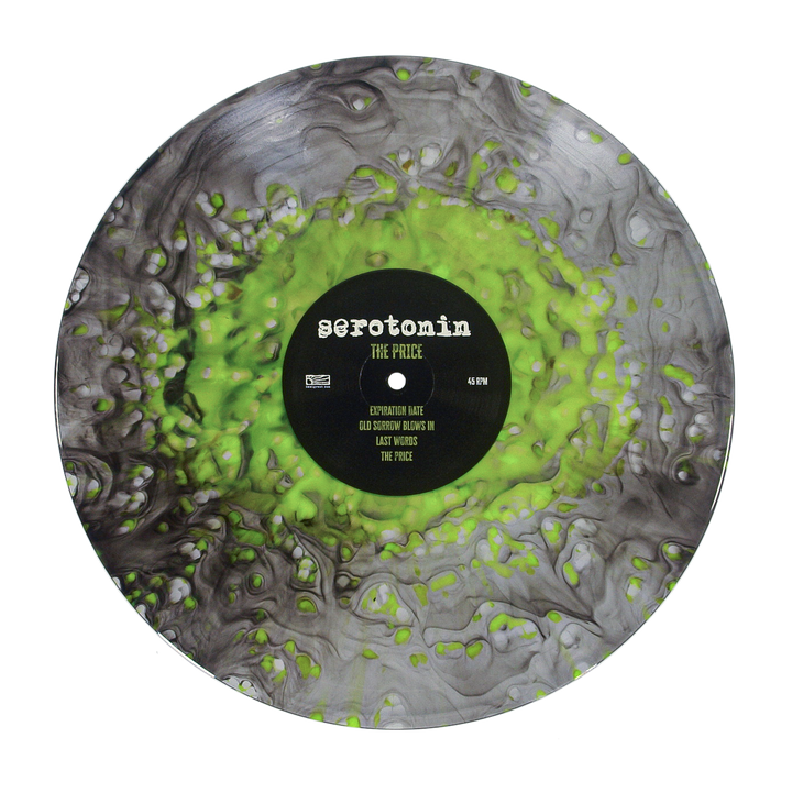 Vinyl record with a black and neon green marbled pattern and a center label for the emo punk band Serotonin, featuring the album title The Price and four track names.
