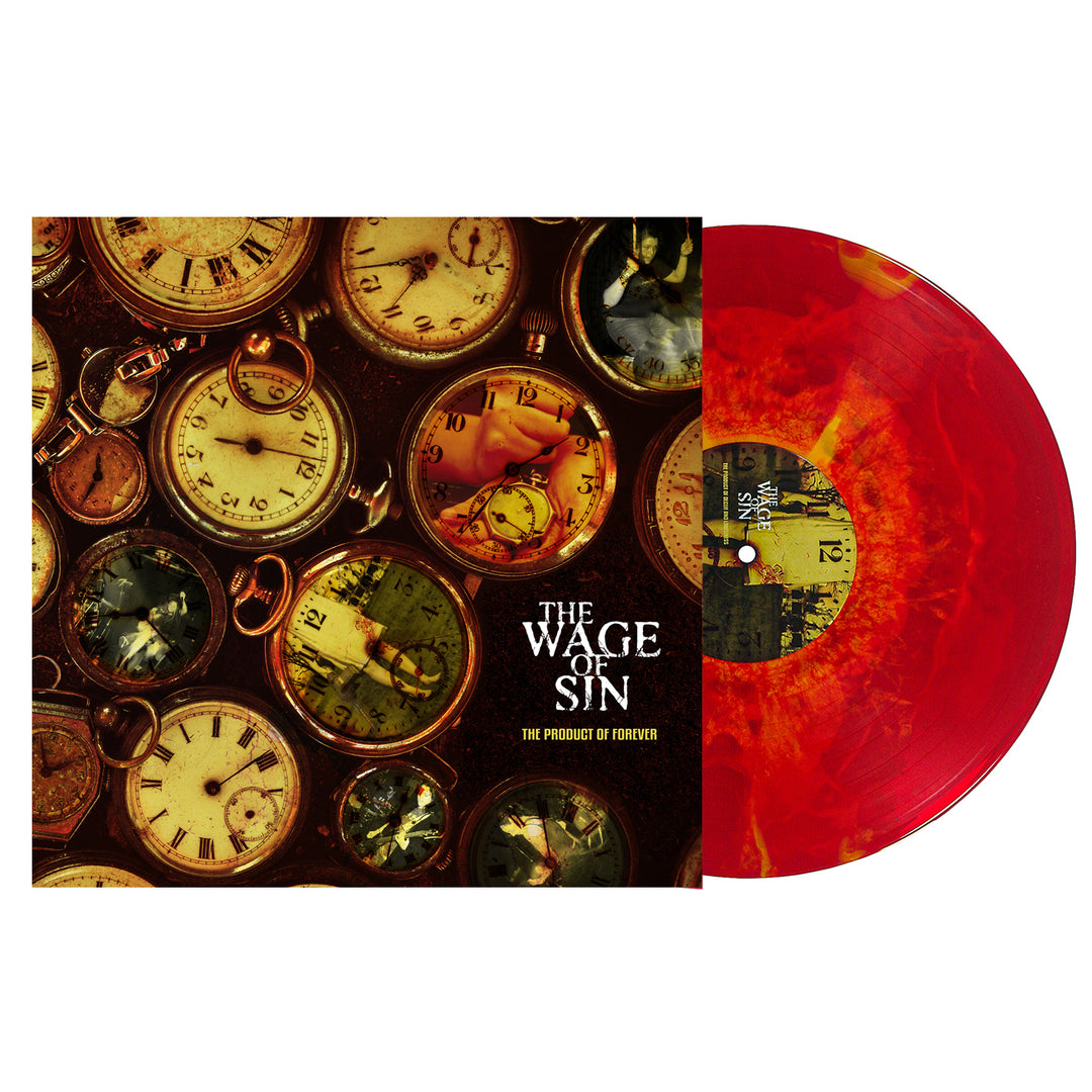 A 140g red and yellow marbled vinyl by The Wage Of Sin, partially pulled from its album cover with vintage pocket watches—perfect for metalcore collectors.