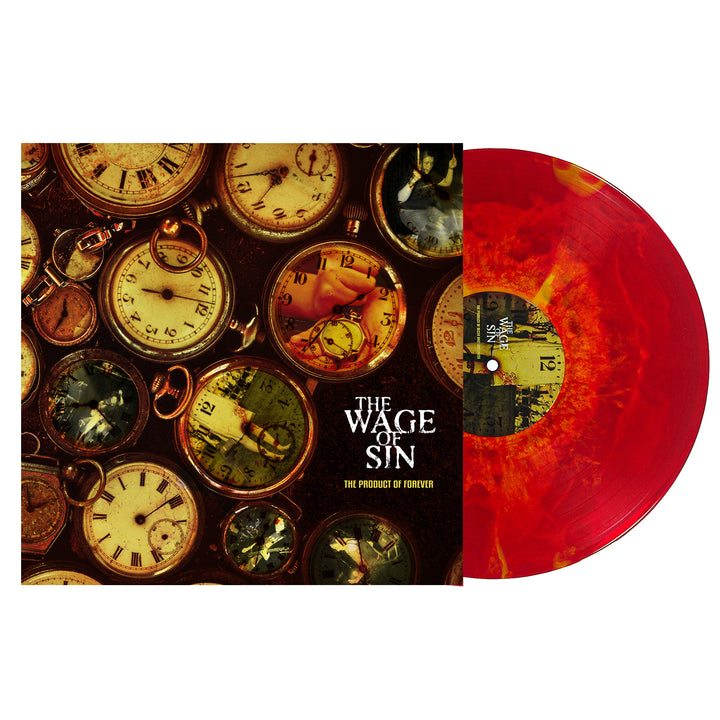 A 140g red and yellow marbled vinyl by The Wage Of Sin, partially pulled from its album cover with vintage pocket watches—perfect for metalcore collectors.