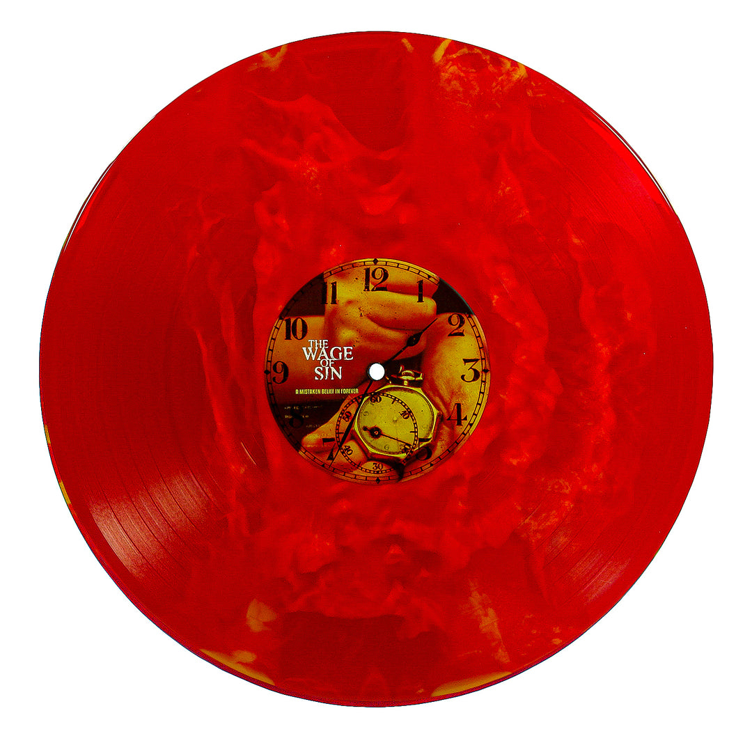 A 140g red marbled vinyl record from The Wage Of Sin, featuring a clock-face central label and swirling red-orange background accents.