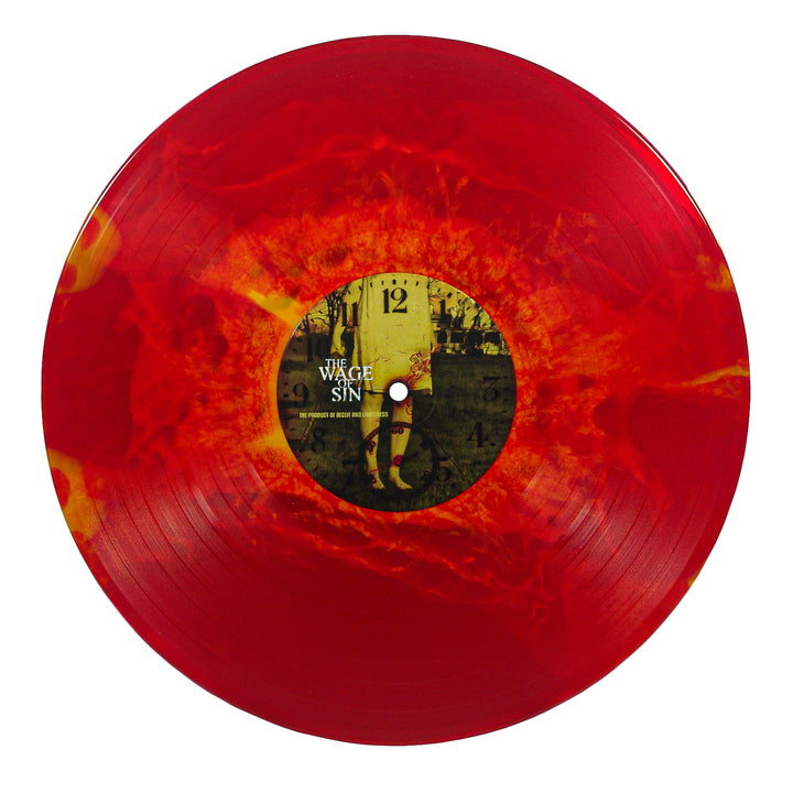 A vibrant red and orange marbled 140g vinyl from The Wage Of Sin, featuring a clock-themed center label with silhouetted figures, released by Immigrant Sun Records.