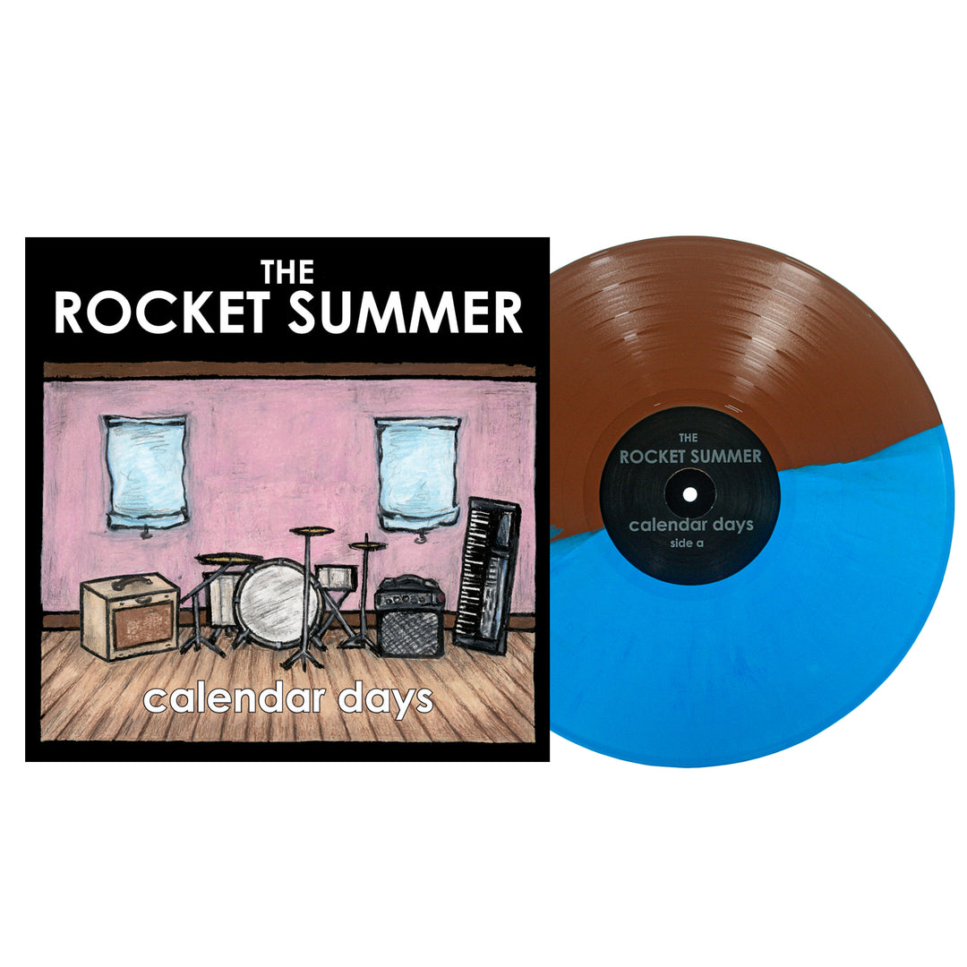A split-color vinyl record by The Rocket Summer, partially out of its cover featuring stylized room art with drum set, amplifier, keyboard, and two windows. Cover text: THE ROCKET SUMMER Calendar Days.