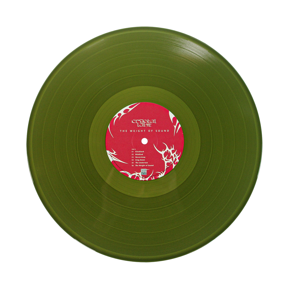 An olive green Crystal Lake vinyl LP with a red and white center label displaying "The Weight of Sound," shown on a white background—ideal for collectors wanting the full tracklist or highlights like "DYSTOPIA" and "EVERBLACK.