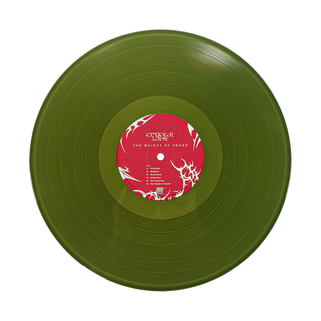 An olive green Crystal Lake vinyl LP with a red and white center label displaying "The Weight of Sound," shown on a white background—ideal for collectors wanting the full tracklist or highlights like "DYSTOPIA" and "EVERBLACK.
