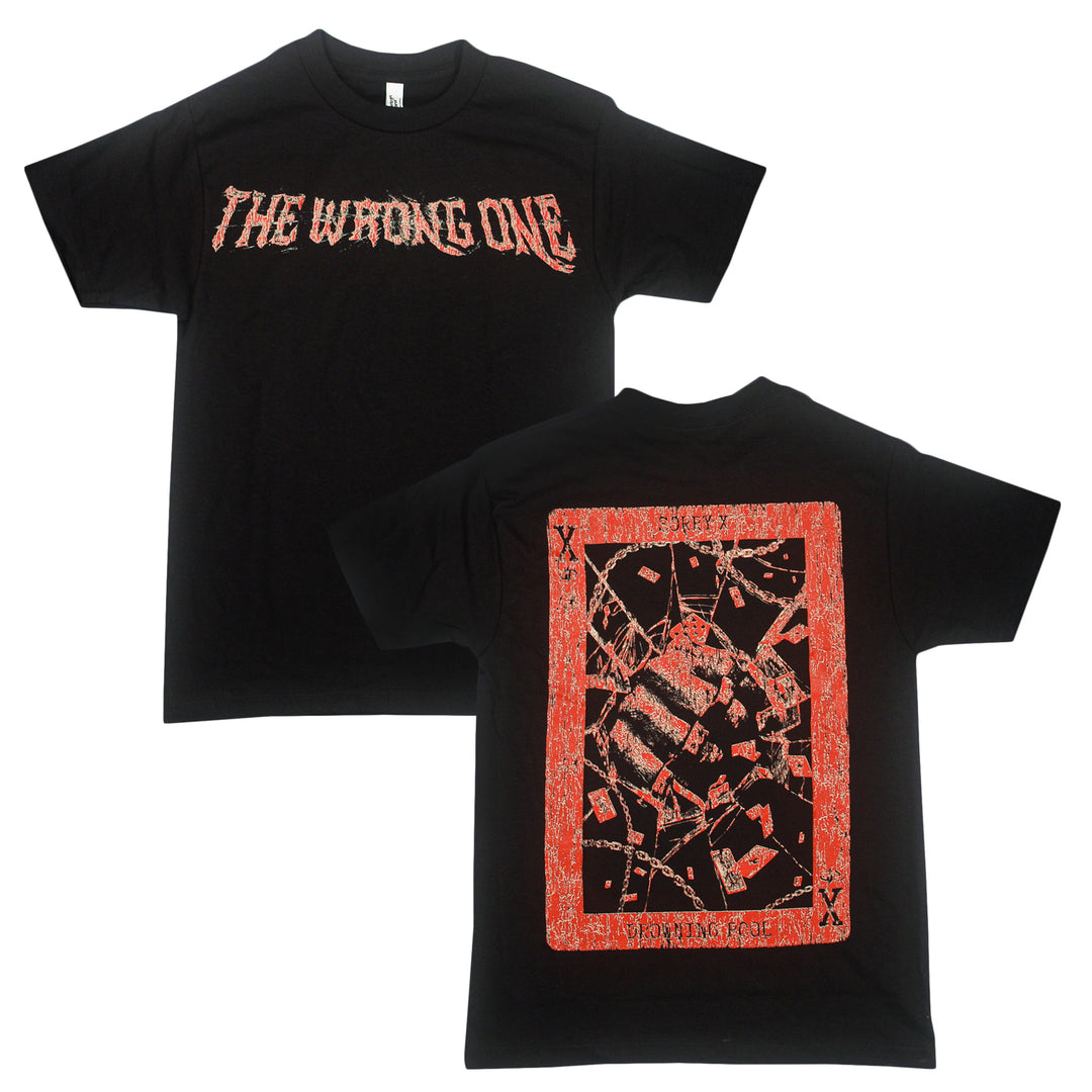 Sorry X black t-shirt featuring “THE WRONG ONE” in bold, red distorted text across the front. The back showcases a striking large abstract red and black graphic designed to resemble a playing card. Made from 100% U.S. cotton, this American Apparel T-Shirt provides a relaxed fit for comfortable, everyday wear and standout style.