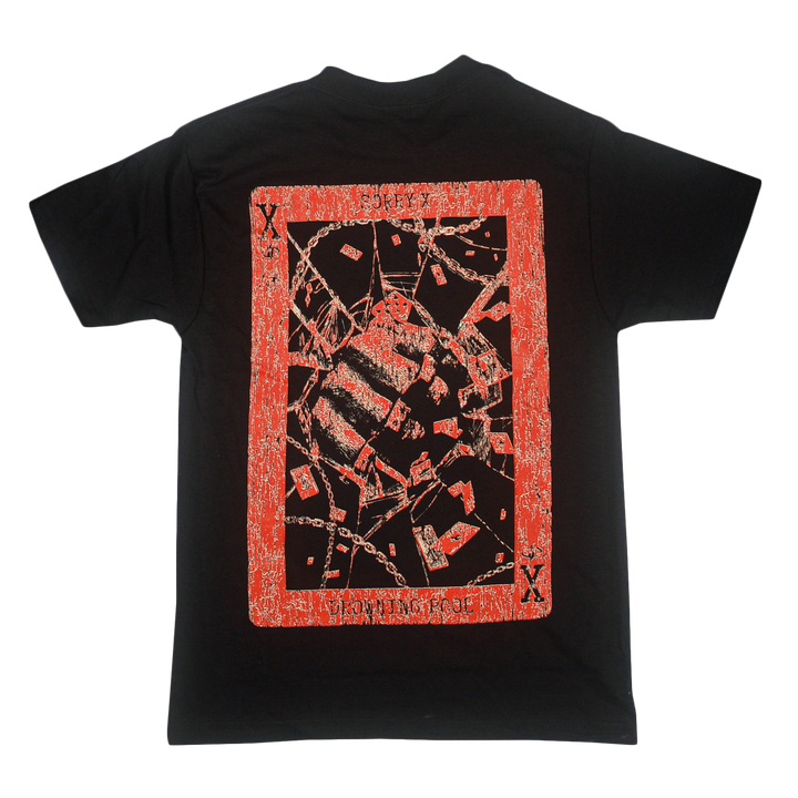 Black T-shirt from Sorry X, crafted from 100% U.S. cotton for everyday comfort with a relaxed fit. The back features a bold rectangular graphic outlined in red, displaying abstract, chain-inspired patterns reminiscent of playing card designs—exemplifying the quality and style synonymous with Sorry X tees.
