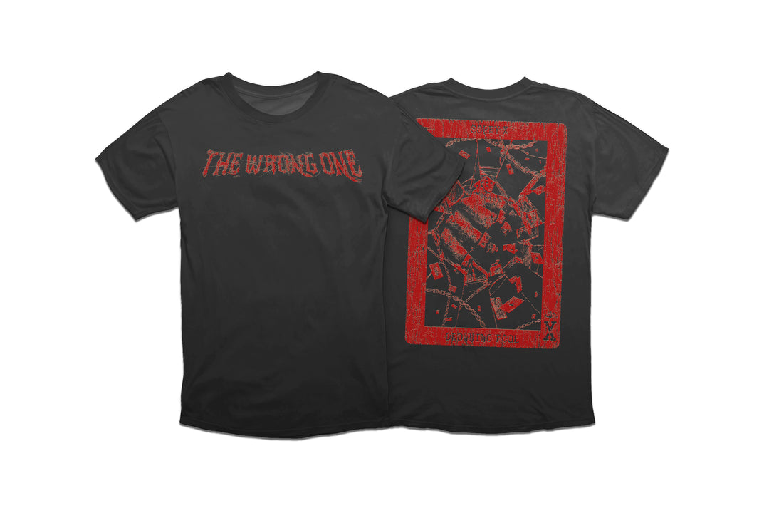 Two black Sorry X T-shirts featuring "THE WRONG ONE" in jagged red on the front and a large red playing card graphic with fragmented images and "DEADMANS HAND" text on the back.