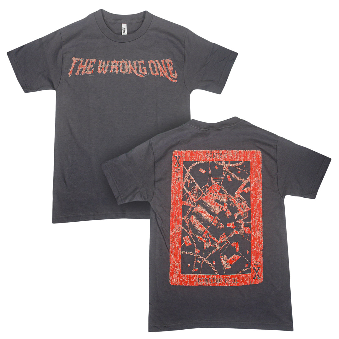 Black T-shirt crafted from premium U.S. cotton with a relaxed fit by Sorry X. “THE WRONG ONE” is emblazoned in bold red text across the front, while the back features a large, abstract shattered graphic framed in vibrant red.
