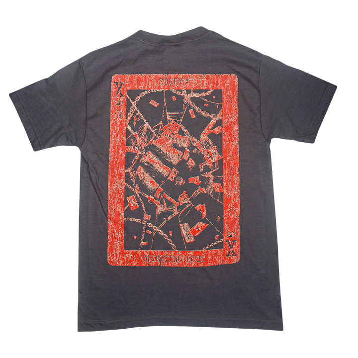 A dark gray, relaxed fit T-shirt by Sorry X, crafted from premium U.S. cotton and featuring a large abstract red and orange rectangular design with jagged shapes and patterns on the back.