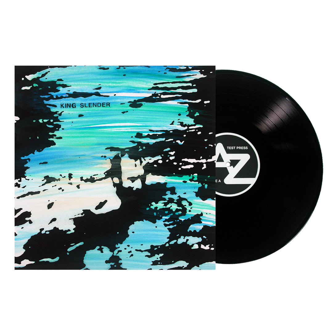 A black 12” vinyl partially pulled from a sleeve featuring abstract blue, black, and white artwork with KING SLENDER on the cover; the “TEST PRESS” label makes it a must-have for King Slender fans.