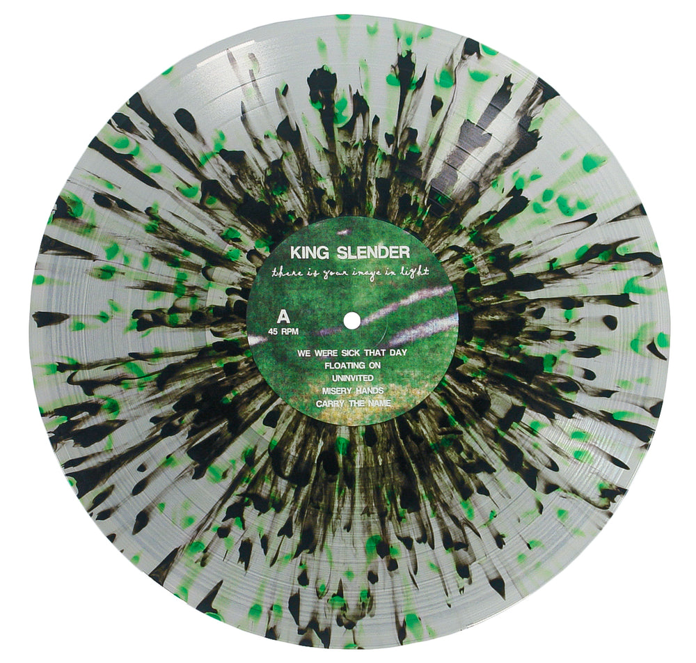 A 12" clear vinyl record with green and black splatter design from King Slender. The label reads "blue is your every song is light," featuring emotional hardcore music and the tracklist printed below.