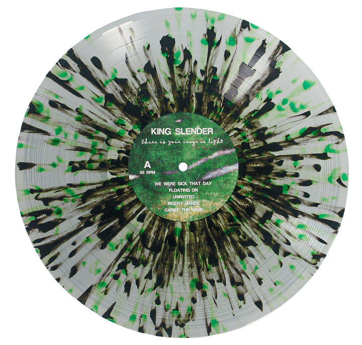 A 12" clear vinyl record with green and black splatter design from King Slender. The label reads "blue is your every song is light," featuring emotional hardcore music and the tracklist printed below.