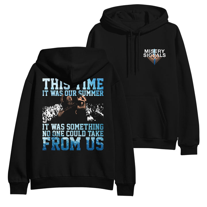 Two black Misery Signals midweight pullovers featuring a small front logo with a colorful heart, and a back print with a crowd scene and the bold text: "THIS TIME IT WAS OUR SUMMER, IT WAS SOMETHING NO ONE COULD TAKE FROM US.