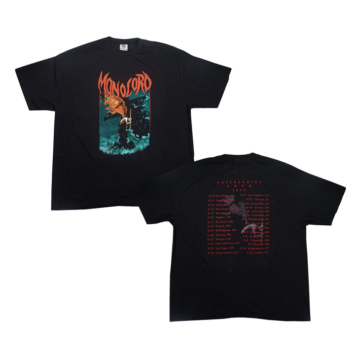 Front and back views of a black Comfort Colors garment-dyed T-shirt featuring a flaming figure illustration on the front and a 2026 tour schedule printed in red on the back.