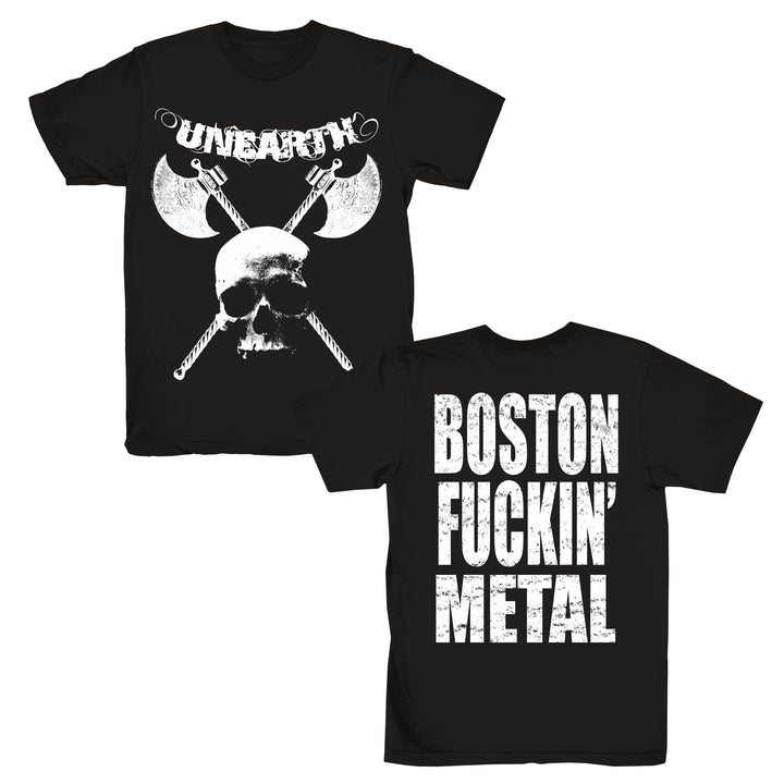 Unearth Boston Fucking Metal - Black T-Shirt front and back