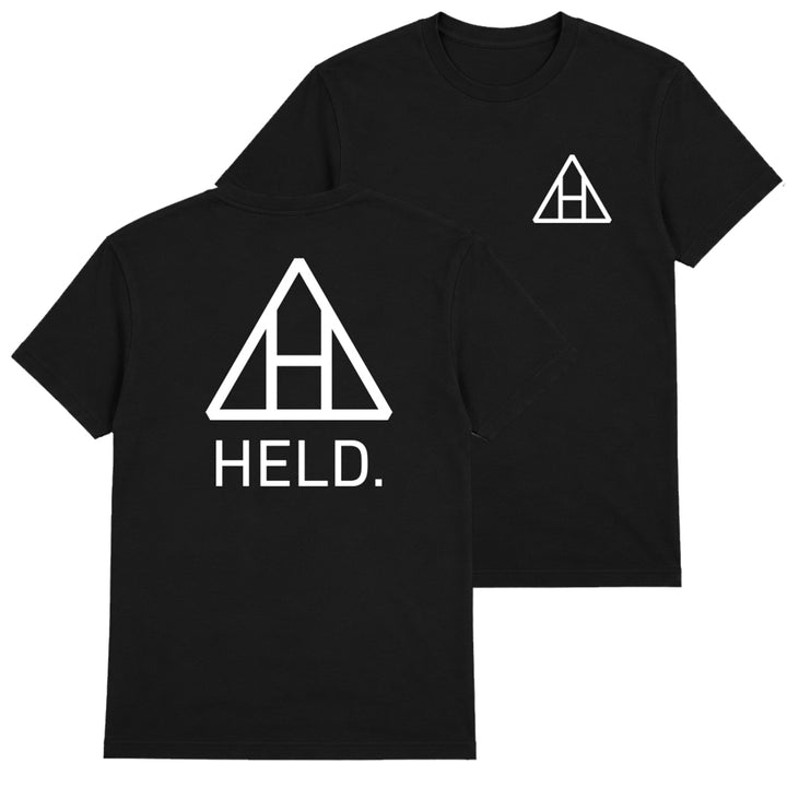 Two black T-shirts display a white geometric A logo; the back features HELD. in bold letters below the logo, and the front shows a smaller version of the logo on the chest. Perfect as a modern uniform, this black T-shirt pairs clean design with striking details.