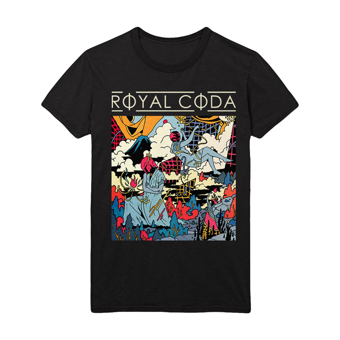 Black t-shirt by Royal Coda featuring their logo and a vibrant, abstract design with figures, clouds, mountains, and geometric shapes in red, yellow, blue, and white.