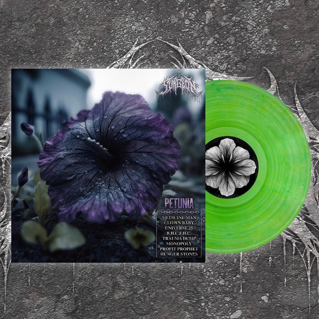 A vinyl record release of the SURGEON: PETUNIA album featuring a square cover with a dark purple flower and a translucent neon green record with a flower-shaped center label for the Medicine Man tracks.