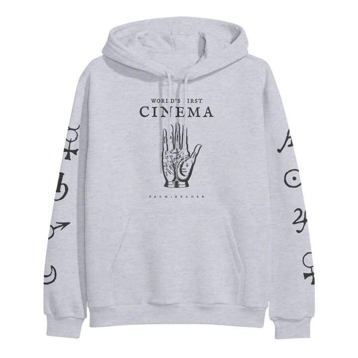 Light gray World's First Cinema heavyweight pullover hoodie with a palmistry hand and WORLDS FIRST CINEMA text on the front, black symbols on both sleeves, plus front pocket and drawstrings.