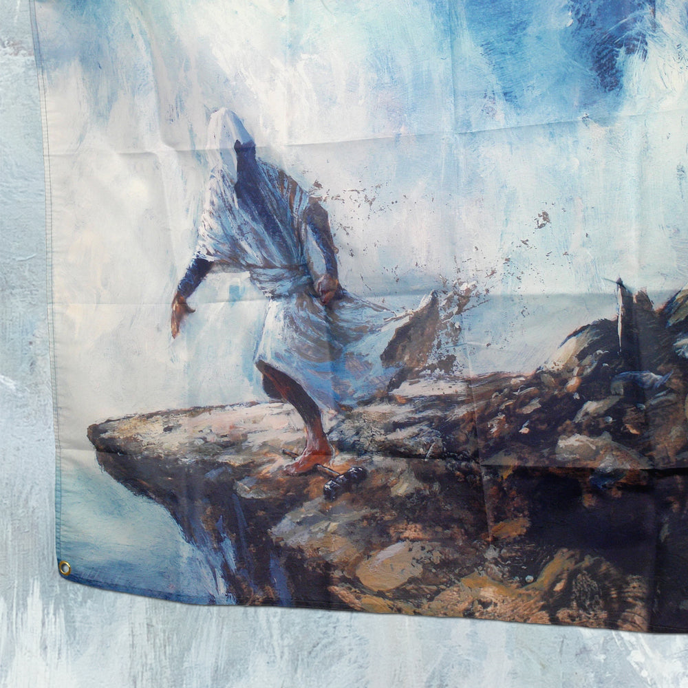 A painted image of a hooded, faceless figure in flowing robes stands on a rocky cliff beneath a dramatic sky—perfect as a Cryptodira 4' x 4" wall flag with sturdy grommets for easy hanging.