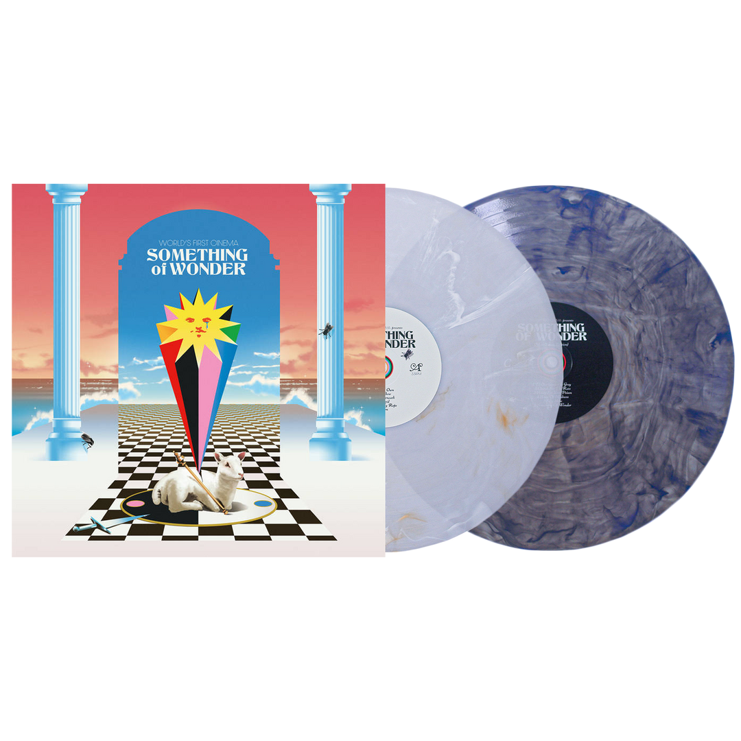 Album cover for Something of Wonder by World's First Cinema, Silver Screen edition—surreal art with columns, starburst, marble bust, checkerboard floor, blue sky, and Double LP marbled vinyl: one white, one blue-gray.