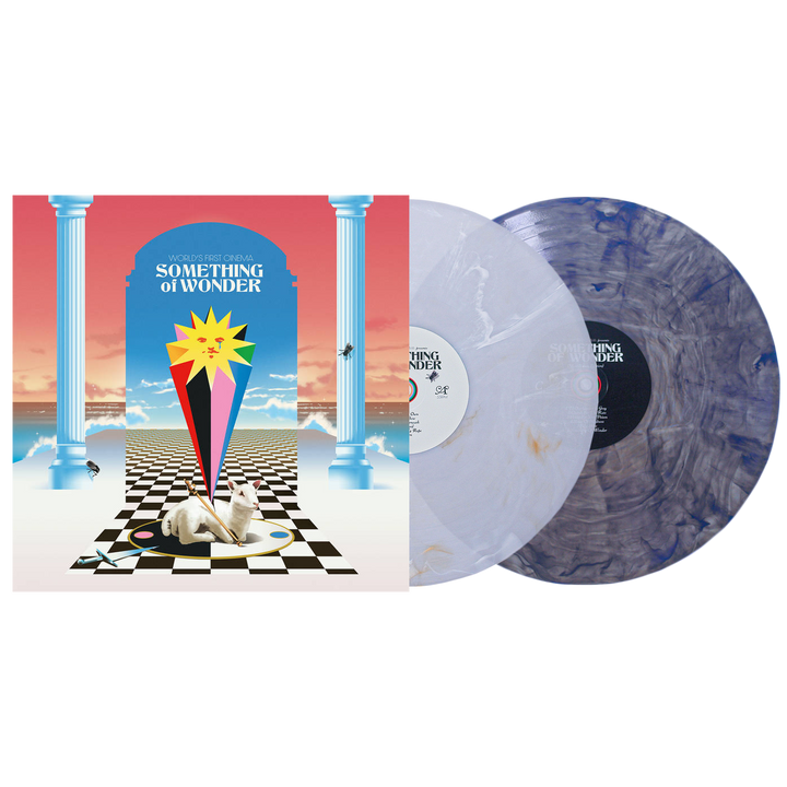 Album cover for Something of Wonder by World's First Cinema, Silver Screen edition—surreal art with columns, starburst, marble bust, checkerboard floor, blue sky, and Double LP marbled vinyl: one white, one blue-gray.
