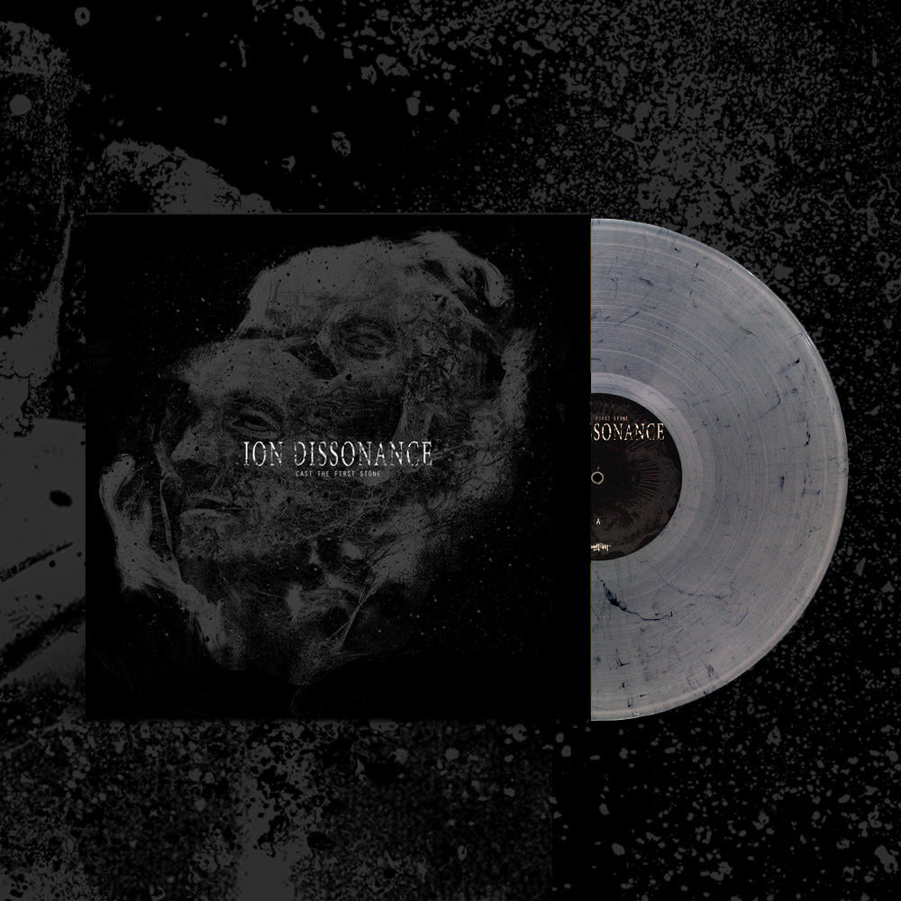 A Salt & Pepper vinyl record by Ion Dissonance is partially out of its dark, abstract album sleeve, which displays blurry overlapping faces in black and gray along with the band name and "Cast the First Stone" tracklist.