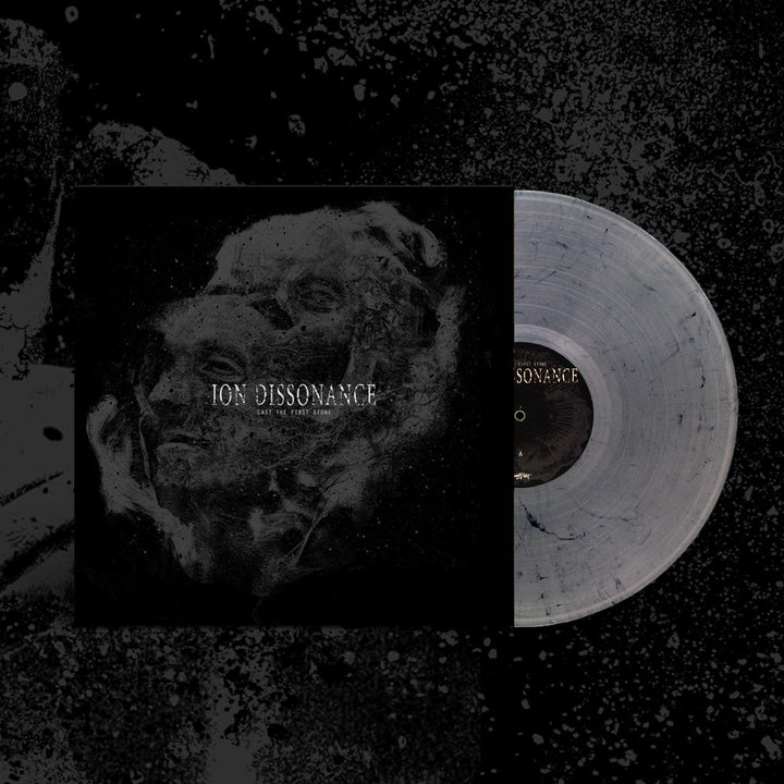 A Salt & Pepper vinyl record by Ion Dissonance is partially out of its dark, abstract album sleeve, which displays blurry overlapping faces in black and gray along with the band name and "Cast the First Stone" tracklist.