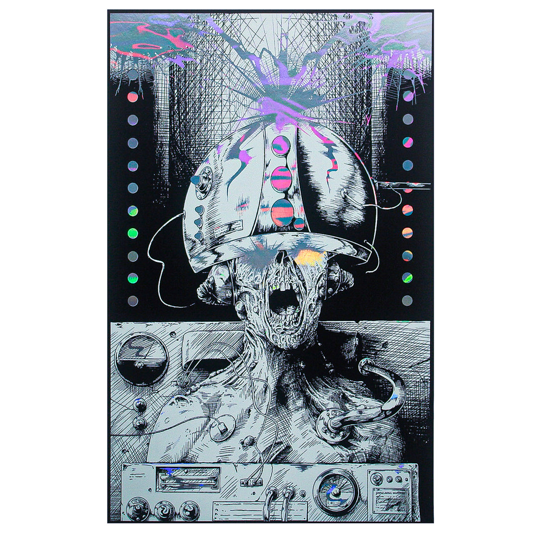 A skeletal humanoid with a futuristic helmet sits amid machines, colorful lights bursting from the helmet. This dark, cyberpunk poster tube by Castle Jackal is perfect for storing or shipping posters safely in style.