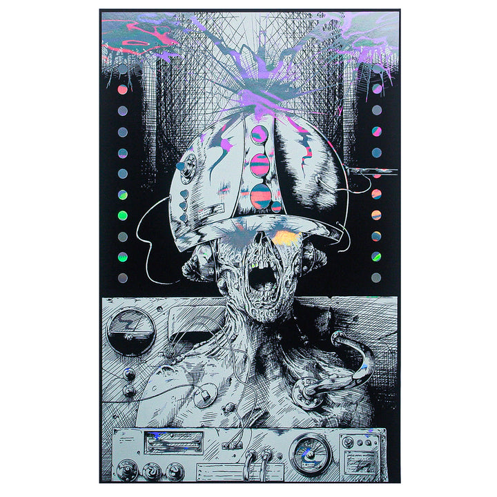 A skeletal humanoid with a futuristic helmet sits amid machines, colorful lights bursting from the helmet. This dark, cyberpunk poster tube by Castle Jackal is perfect for storing or shipping posters safely in style.