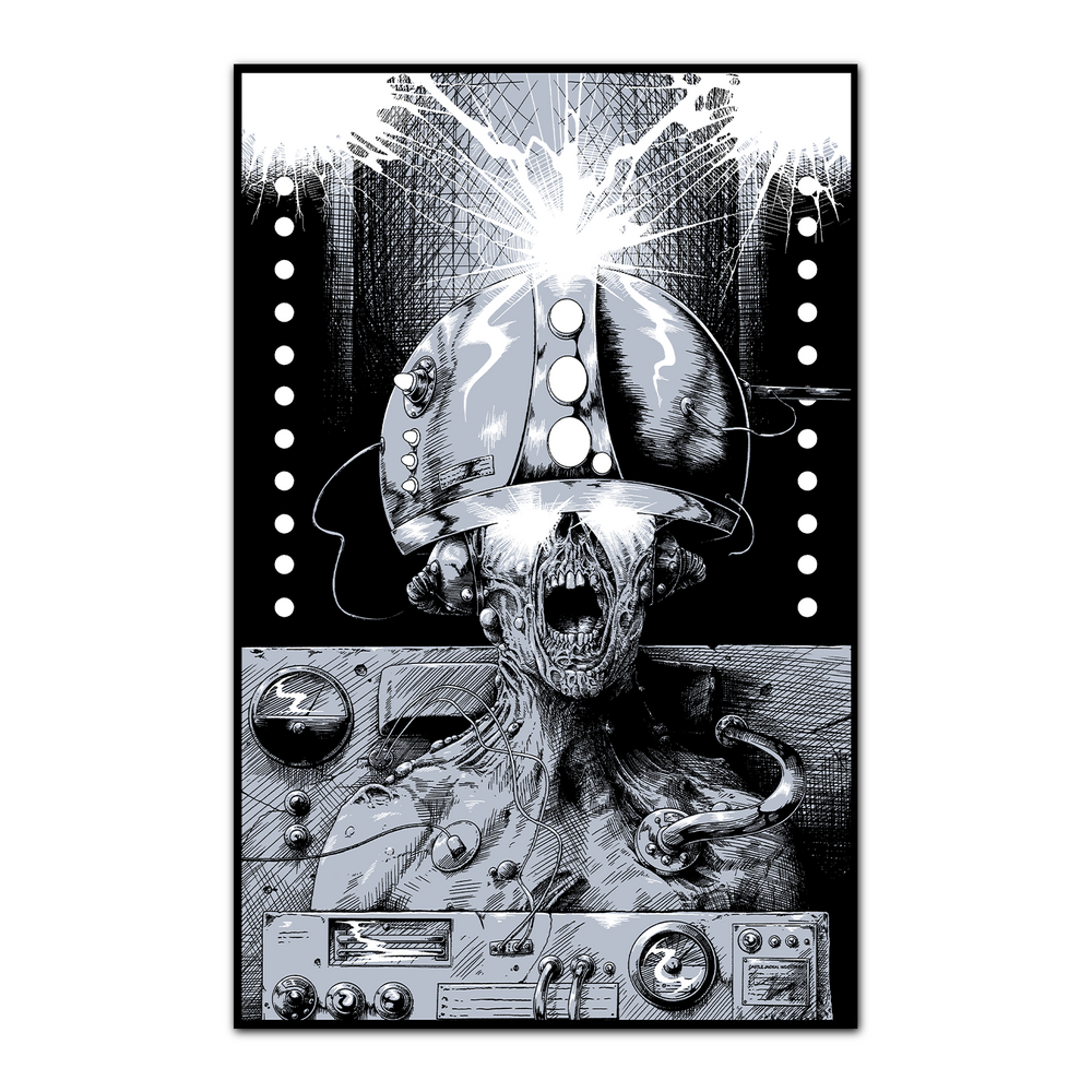 A skeletal figure with an open mouth wears a helmet wired to a control panel. Bright, chaotic light bursts from the helmet as a poster tube rests nearby, creating an intense black and white Castle Jackal scene.