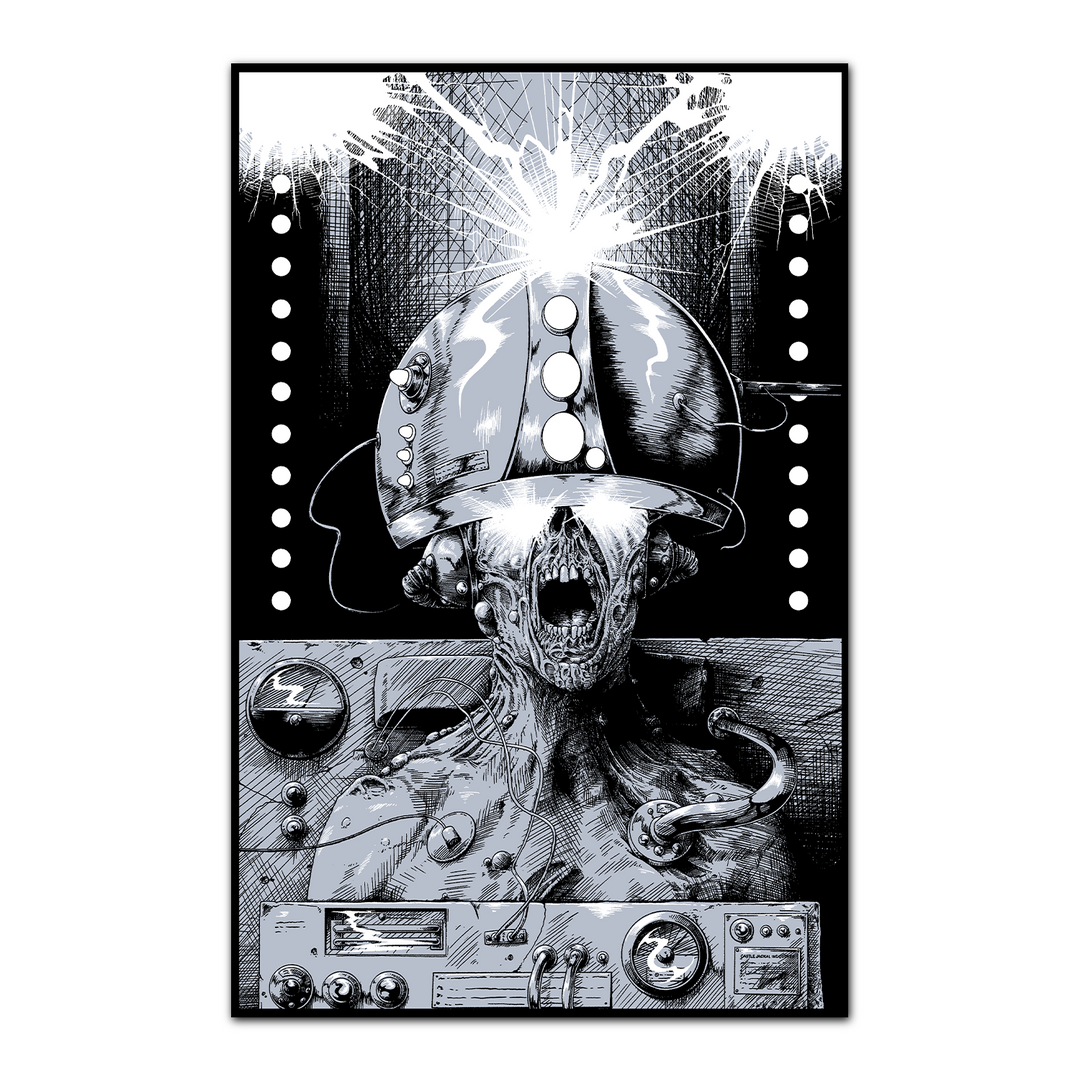 A skeletal figure with an open mouth wears a helmet wired to a control panel. Bright, chaotic light bursts from the helmet as a poster tube rests nearby, creating an intense black and white Castle Jackal scene.