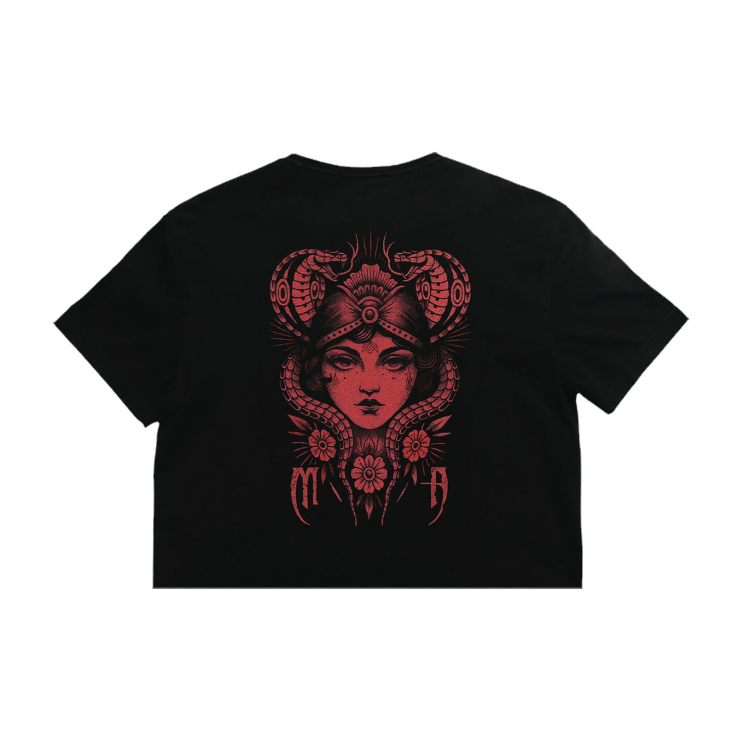 Melrose Avenue black crop tee made from 100% combed cotton, showcasing a bold red graphic of a woman's face in a horned helmet with flowers and ornate patterns on the back. Premium ASColour 4062 quality.