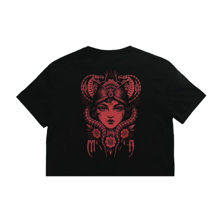 Melrose Avenue black crop tee made from 100% combed cotton, showcasing a bold red graphic of a woman's face in a horned helmet with flowers and ornate patterns on the back. Premium ASColour 4062 quality.