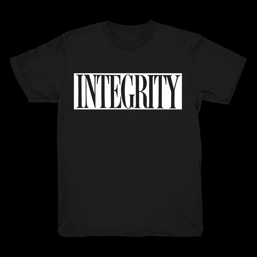 A black Integrity brand Heavy Cotton T-shirt with the word INTEGRITY in bold white all-caps letters inside a white rectangular border on the front.