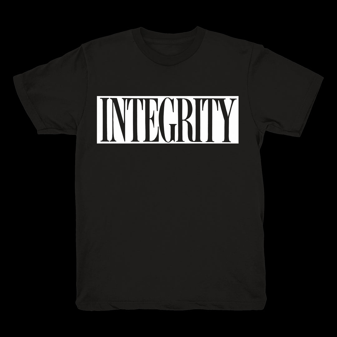 A black Integrity brand Heavy Cotton T-shirt with the word INTEGRITY in bold white all-caps letters inside a white rectangular border on the front.