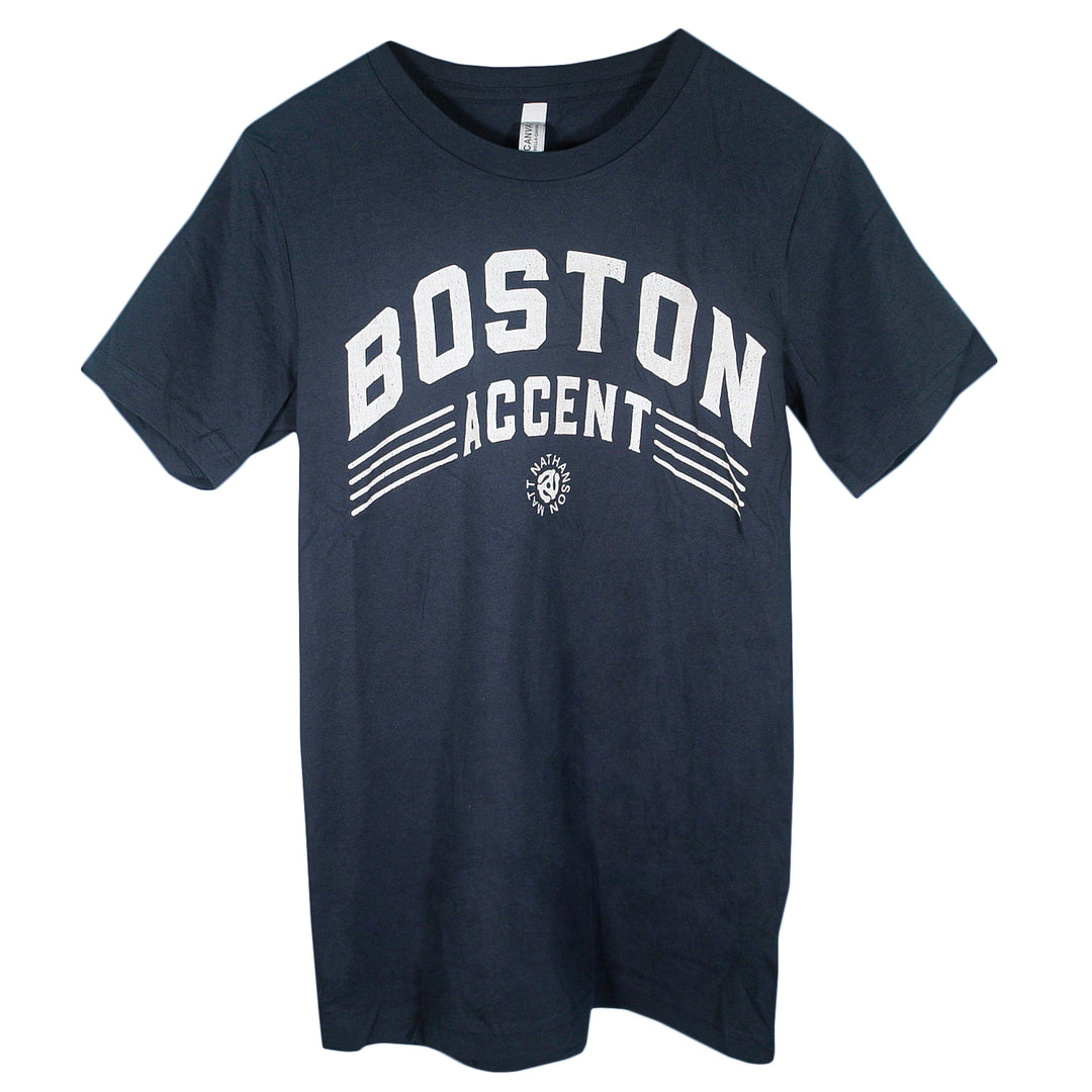 Matt Nathanson navy blue T-shirt with Boston Accent in bold white letters, horizontal white lines, and a small circular logo below. Ideal for printed T-shirt lovers looking for comfort and style.