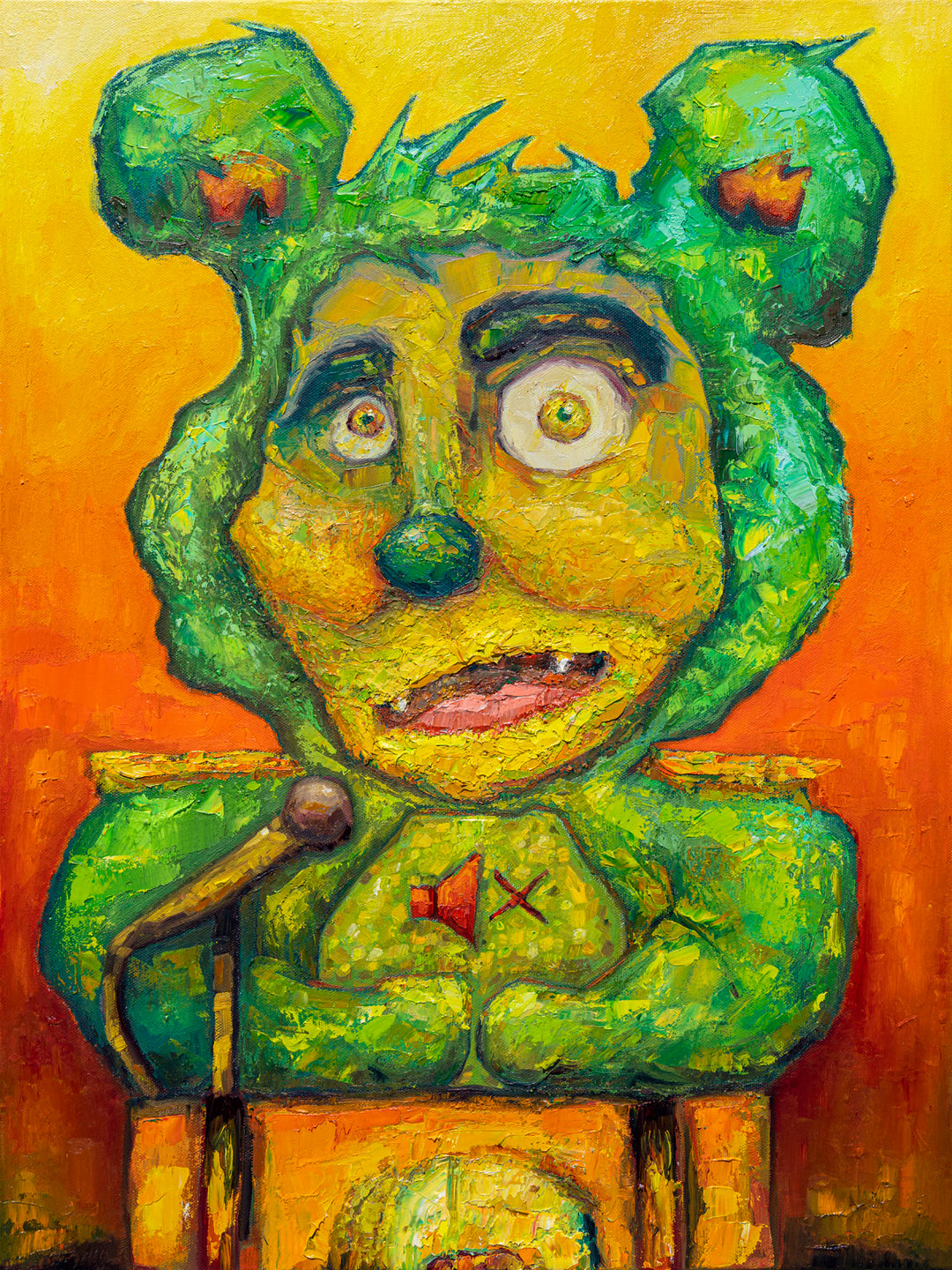 This limited edition Jon Mess Art Store print features a surreal green, bear-like creature with exaggerated features standing at a podium. Warm yellow and orange tones emphasize the character’s anxious expression.
