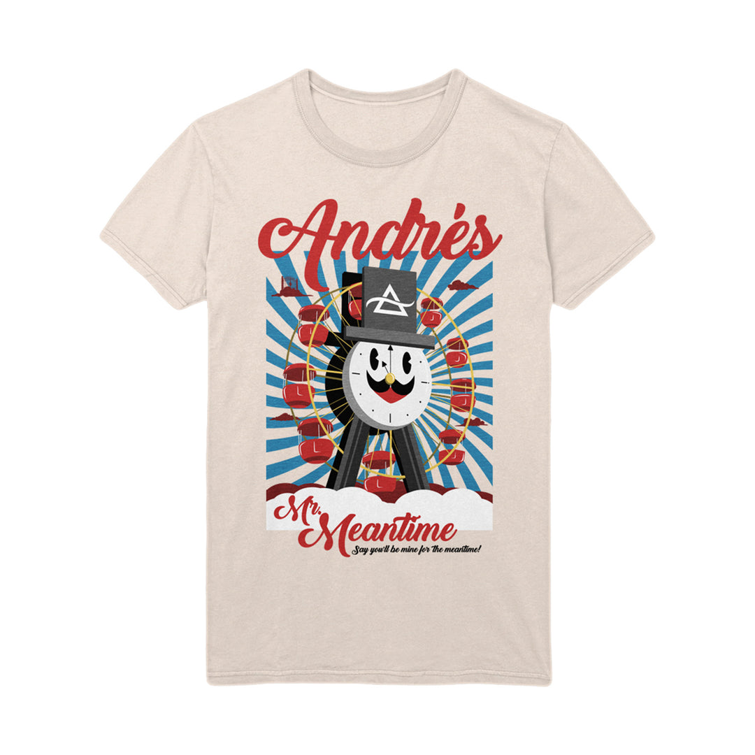 Andrés beige Tultex t-shirt featuring a vibrant smiling clock character in a top hat, with red and blue rays. Text above: Andrés; below: Mr. Meantime—A guy you'll be crazy for! Ideal for fans of unique graphic tees.