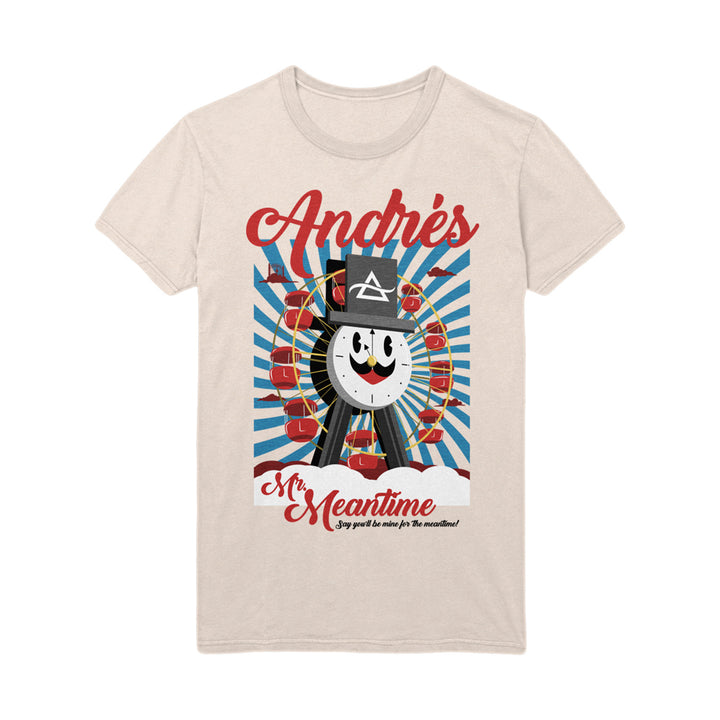 Andrés beige Tultex t-shirt featuring a vibrant smiling clock character in a top hat, with red and blue rays. Text above: Andrés; below: Mr. Meantime—A guy you'll be crazy for! Ideal for fans of unique graphic tees.