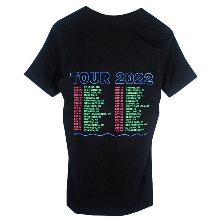 Matt Nathanson black Bella + Canvas T-shirt features bold blue TOUR 2022 on the back, with cities and dates listed below in red, green, and white—a must-have for fans of stylish printed tees.